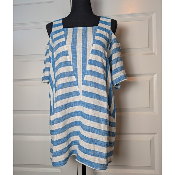 Soft Surroundings Size M Petite Sunset Tunic Blouse Linen Blend Striped Coastal - Picture 2 of 11